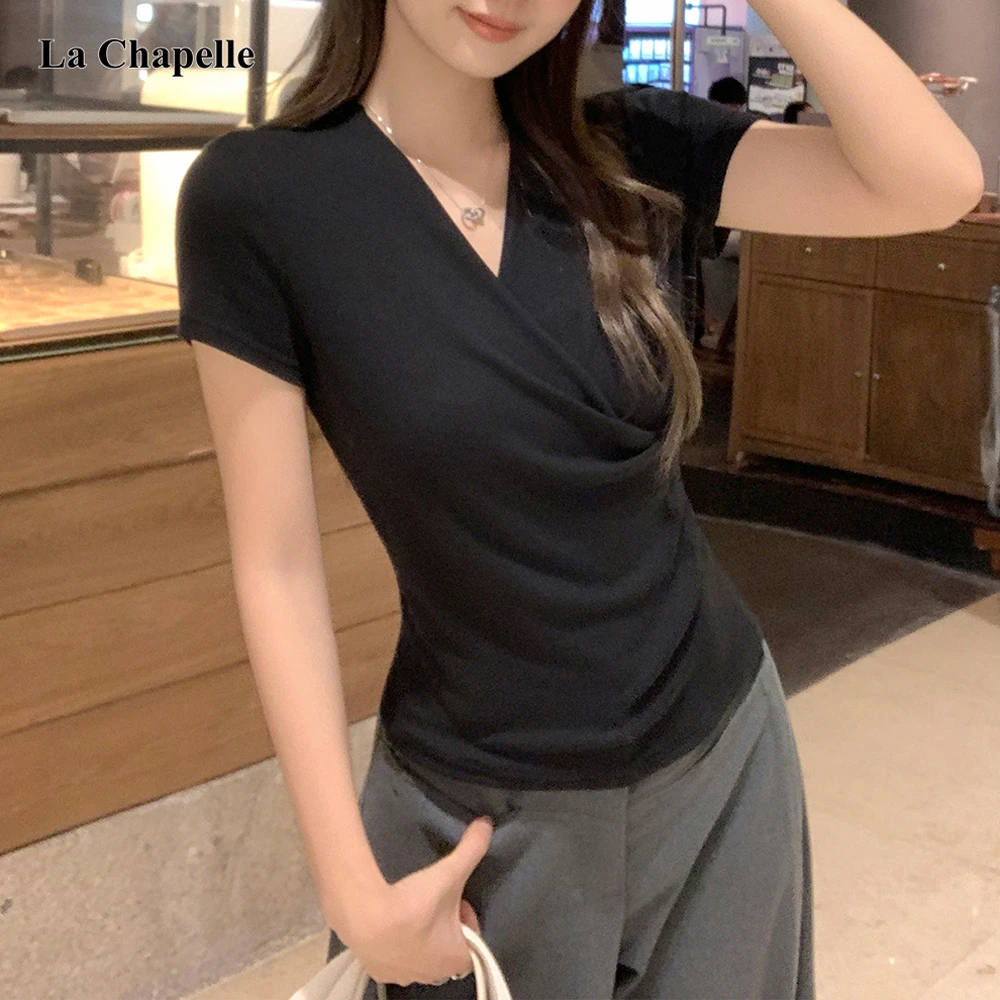拉夏贝尔黑色V领不规则斜领短袖T恤女2025夏款时尚百搭修身小上衣