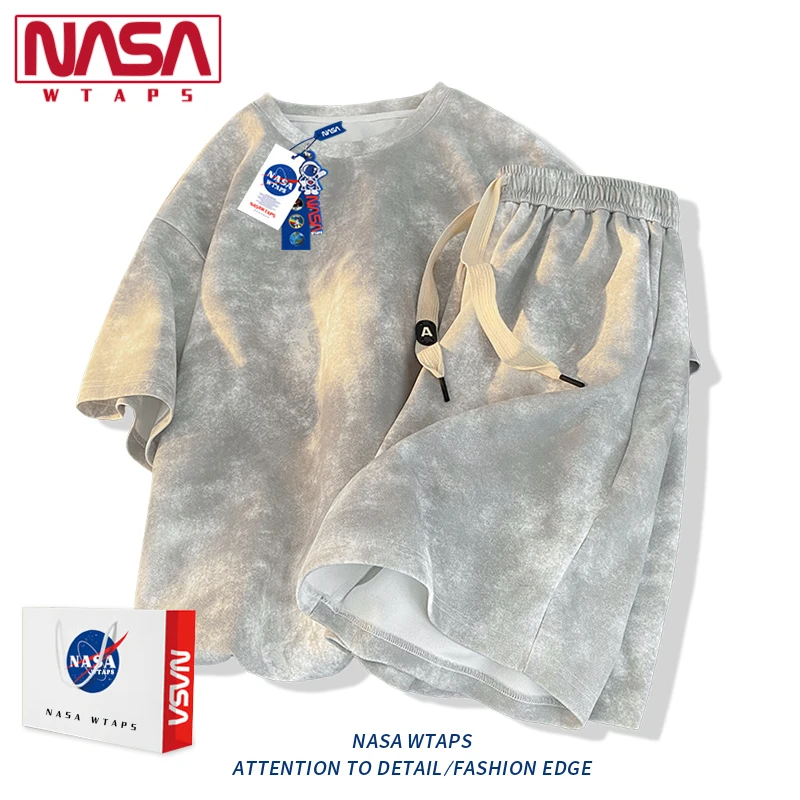 NASA WTAPS复古扎染运动套装男士夏季短裤T恤宽松休闲冰丝两件套