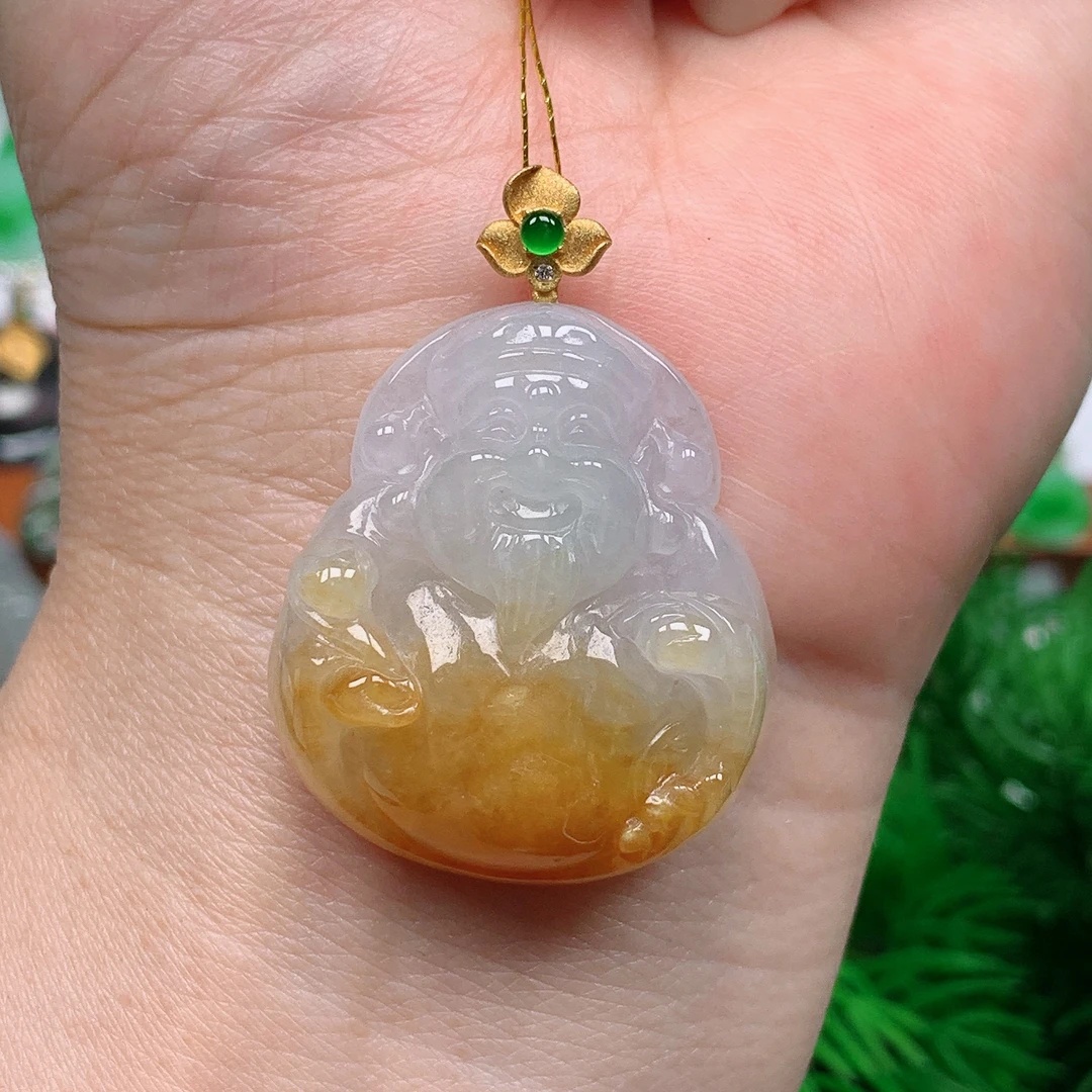 缅甸天然翡翠a货 18k金镶飘黄翡财神吊坠18/530尺寸31.2x27.3x8.6