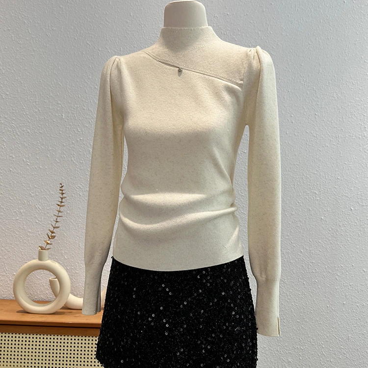时尚洋气修身内搭打底衫流行褶皱镂空上衣秋冬新款半高领针织衫女