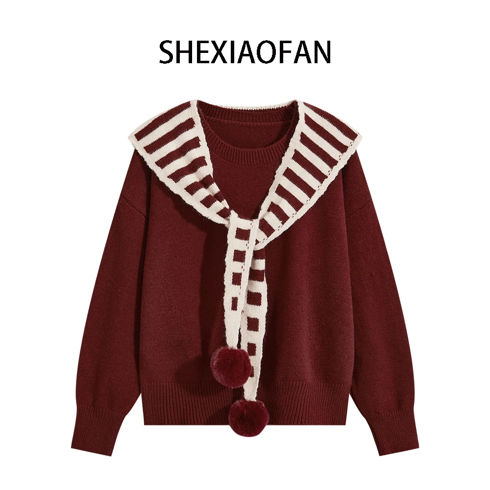 冬季圣诞过年穿搭高级感宽松套头毛衣女学院风叠穿披肩针织衫上衣