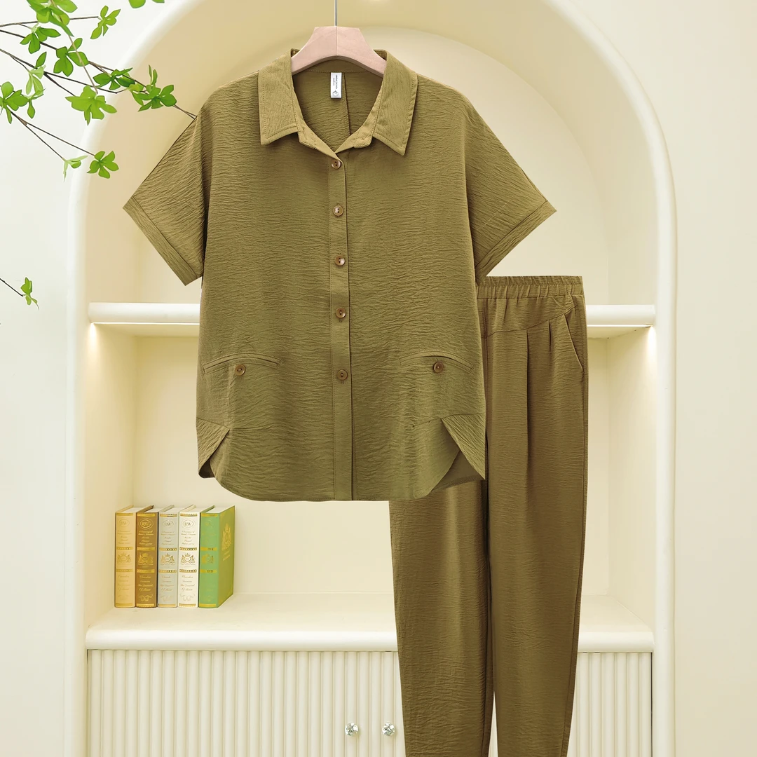 夏季新款气质两件套装阔太太中老年人女妈妈装翻领衬衫薄款中年