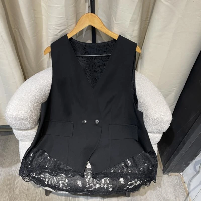 2025夏季新款女士黑色气质显瘦拼接蕾丝马甲外套时髦百搭马夹上衣