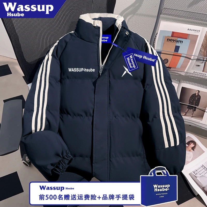 WASSUP HSUBE秋冬加厚男防风外套创意字母印花三条杠藏青保暖棉服