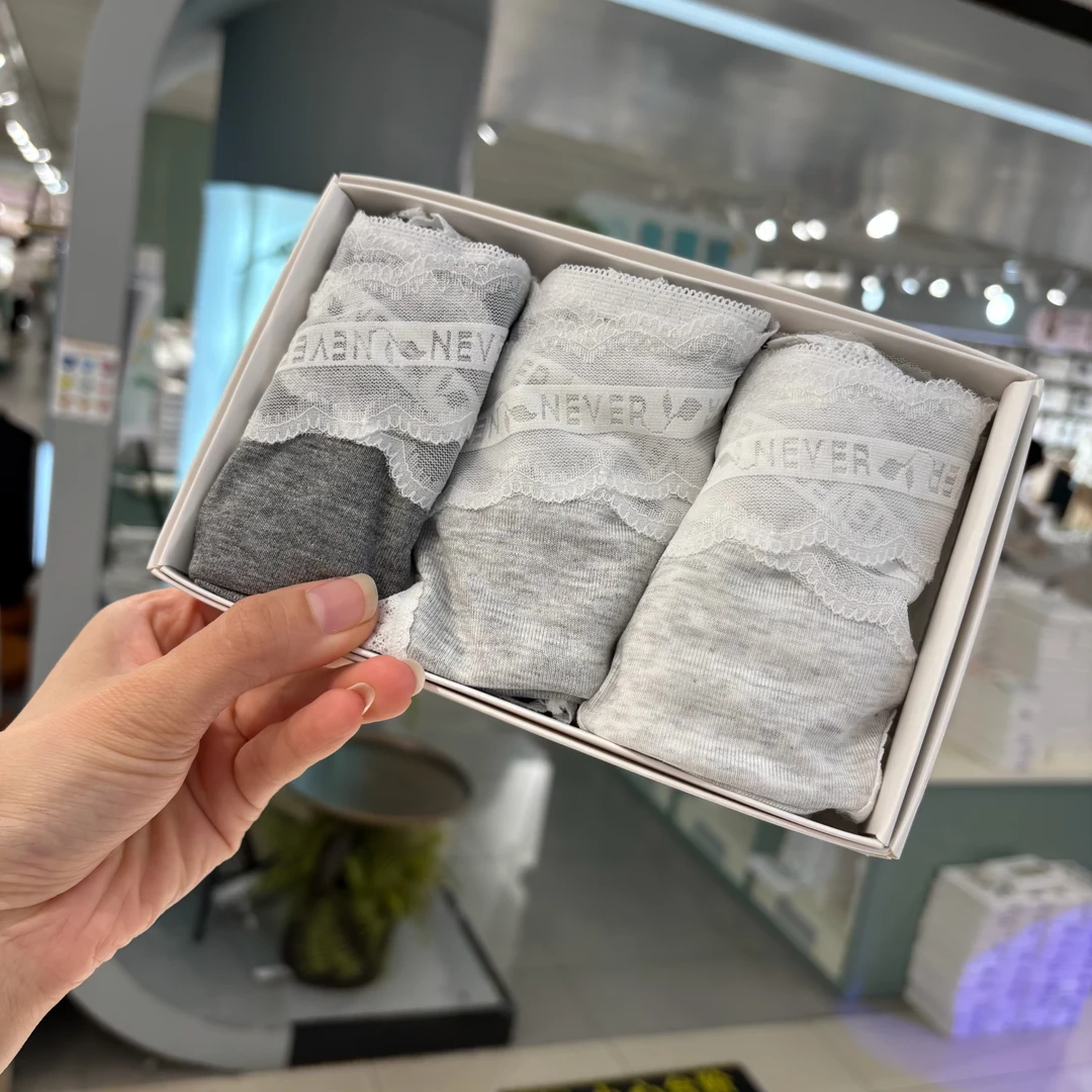 【3条装】2123灰色橡木中低腰蕾丝提花小性感女士内裤80-120