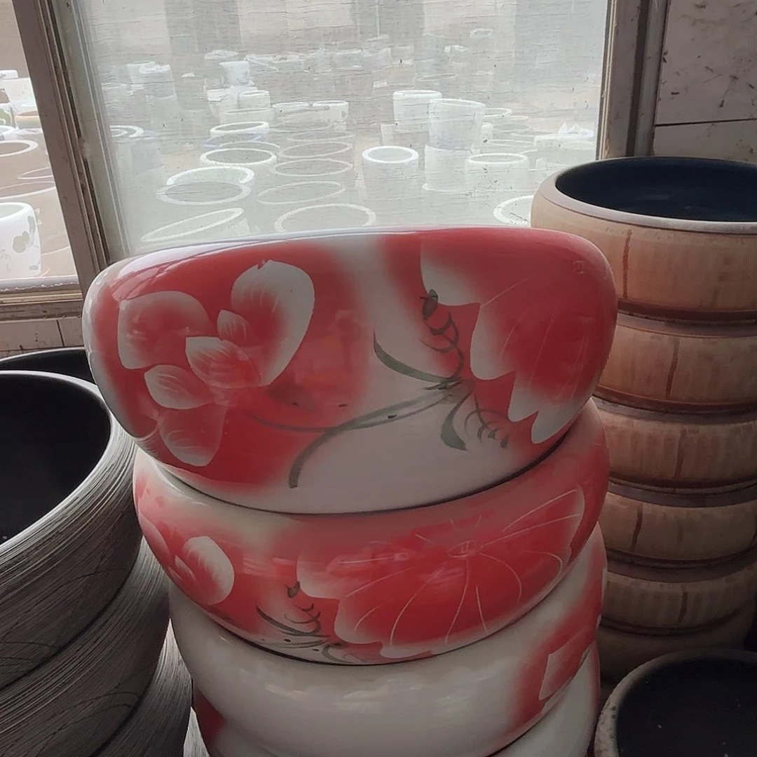 缸正品40陶瓷桌面缸叶红荷