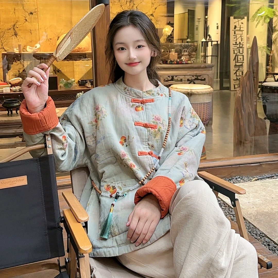 柿柿如意 新中式国风夹棉保暖立领盘扣秋冬印花棉花棉袄外套女