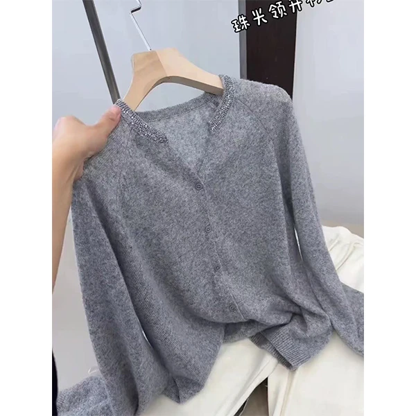 【亮片领插肩袖单排扣开衫】圆领宽松百搭时尚洋气针织衫