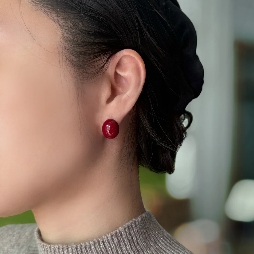 铜合金耳饰 新年安可拉红珐琅几何过年喜庆耳钉女高级感气质耳环