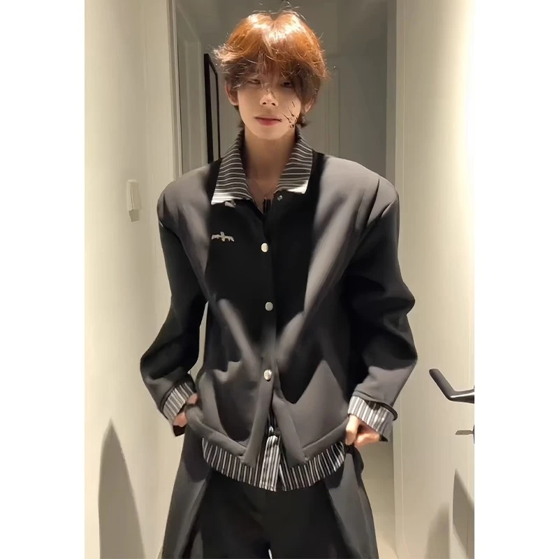 黑色假两件卫衣开衫男款痞帅高级感条纹拼接衬衫美式cleanfit外套