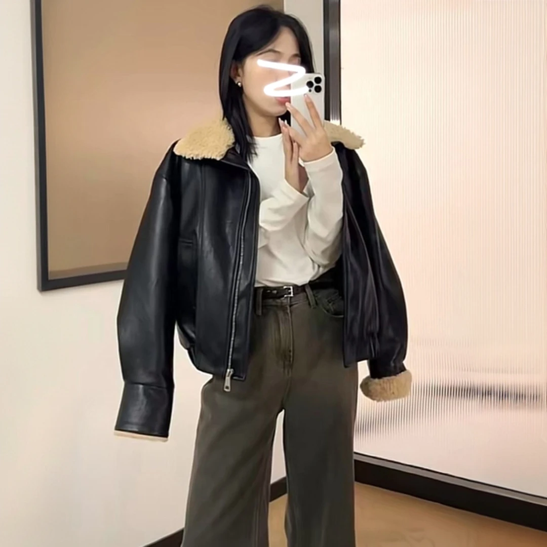 羊羔绒机车加棉皮衣厚外套女冬季皮毛一体高级感宽松休闲皮衣夹克