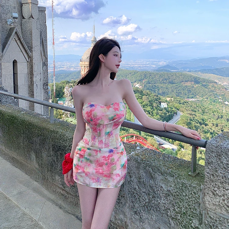 Chill巧儿【定制提花薄纱】甜欲性感印花修身鱼骨抹胸半身裙套装