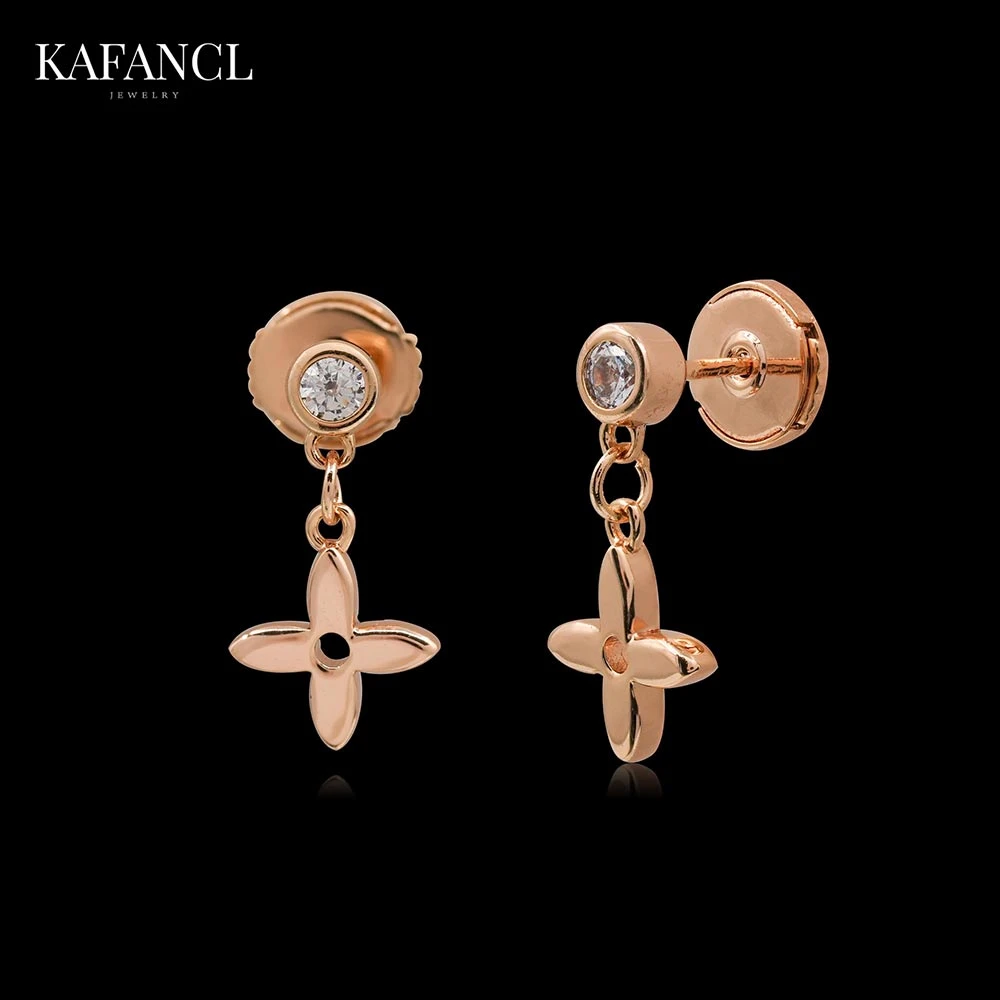 合金合成锆石耳饰 925银针 镀K金 四叶耳饰 ZF-A1174