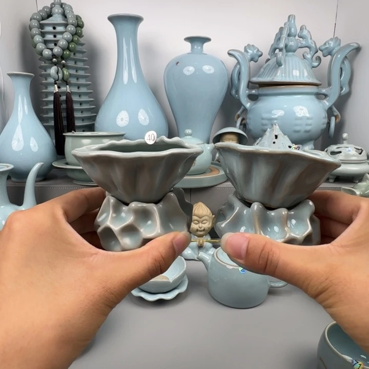 摆件汝瓷莲蓬茶漏圈足烧天青釉仿古釉自行备注