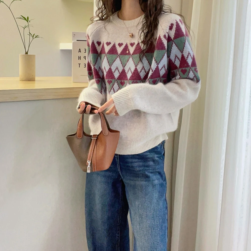 韩版时髦复古圆领套头长袖提花拼色针织衫秋冬新款保暖宽松毛衣女