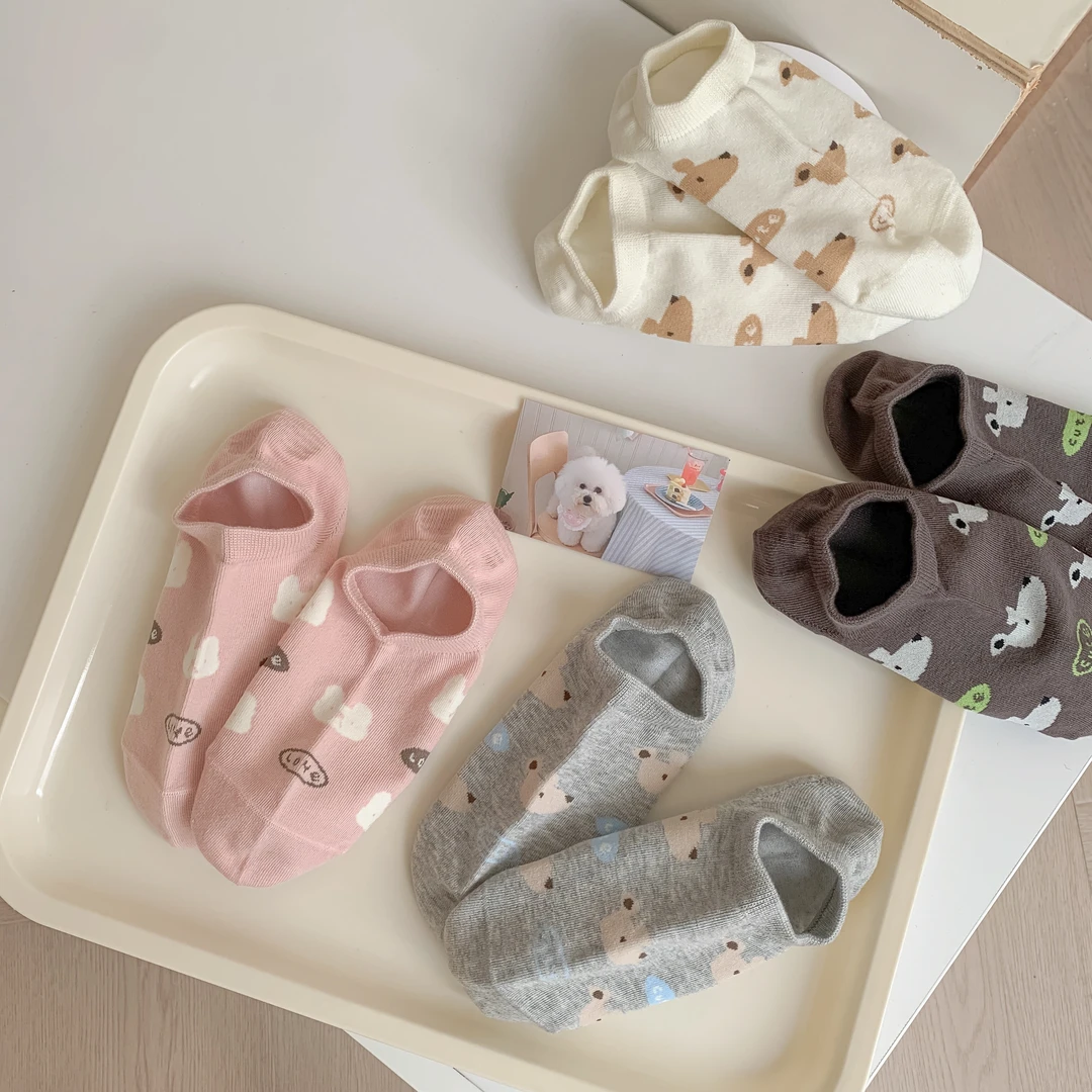 【5双装】精梳棉可爱卡通涂鸦纯色袜身元宝袜船袜浅口袜子