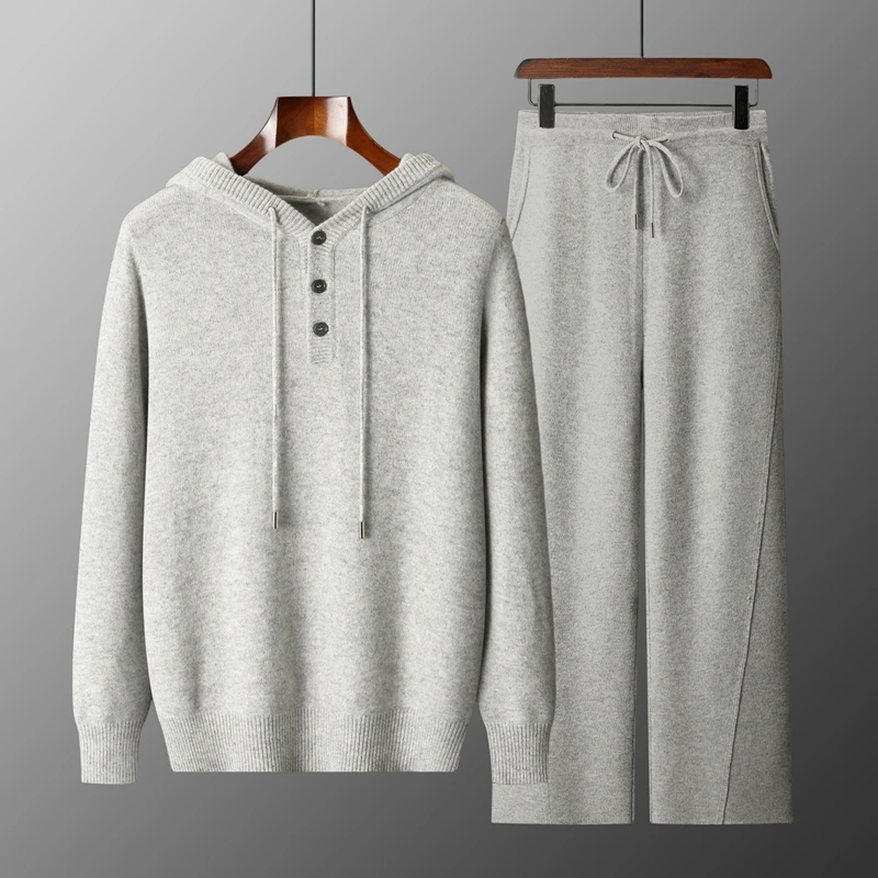 时尚休闲秋冬100%羊毛系扣半开帽衫+弯刀阔腿裤时尚休闲羊毛套装X
