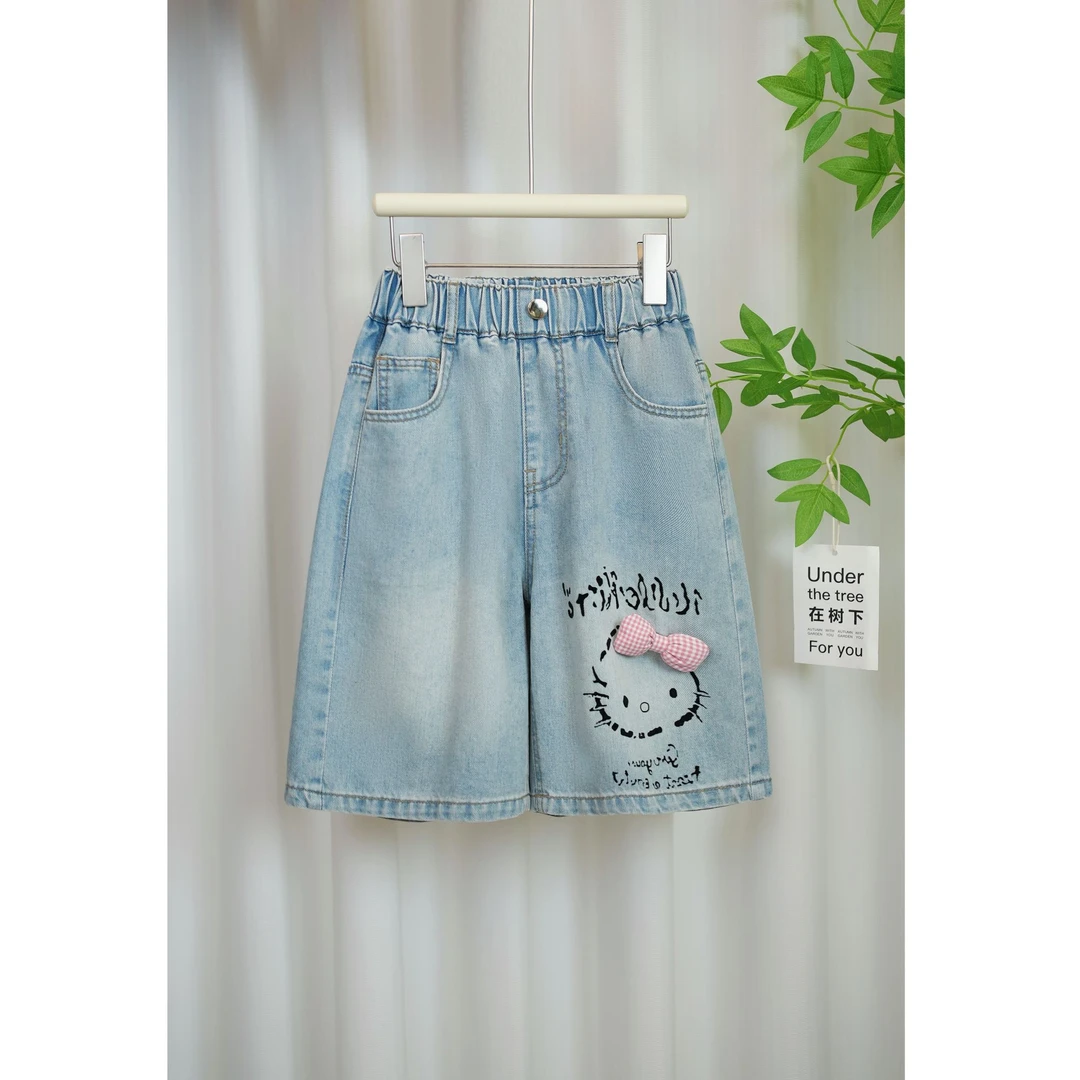 女童夏季牛仔裤2025夏季新款kitty图案款中大童百搭五分裤A082