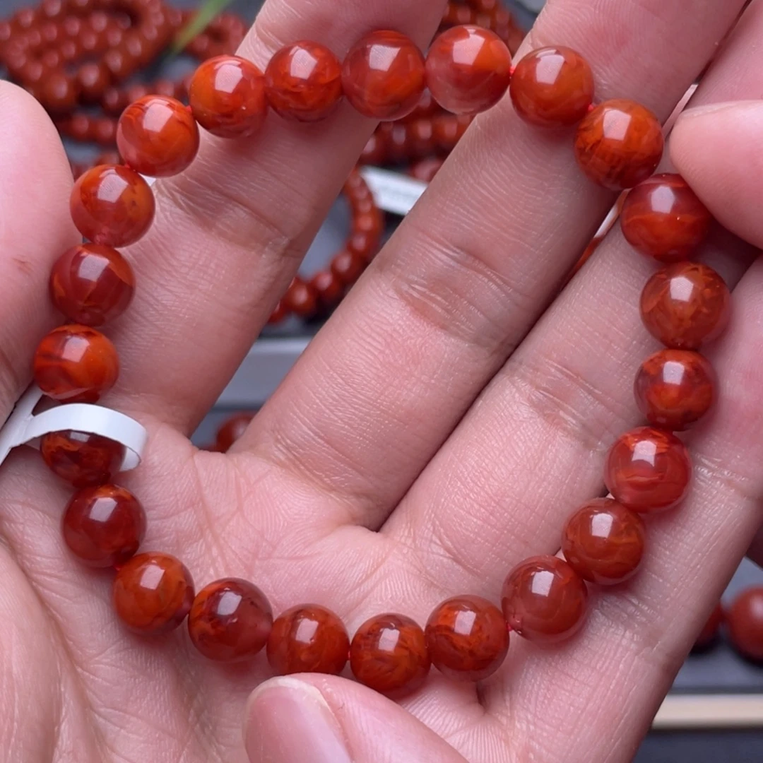 南红玛瑙未镶嵌项圈8.5mm瓦西玫红火焰纹圆珠手串