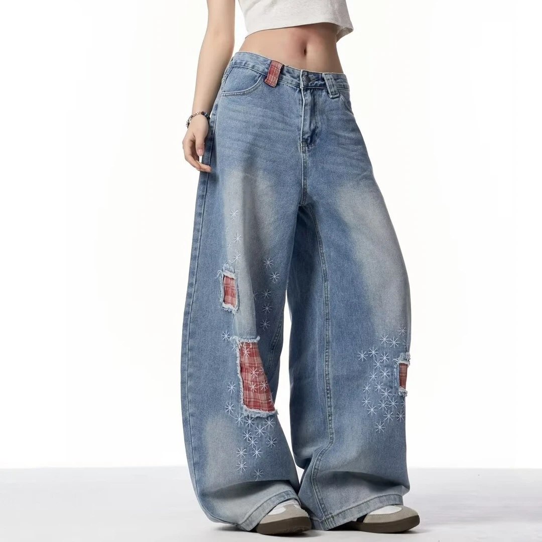 B167美式复古格子拼接破洞弯刀牛仔裤女新款宽松阔腿垂感拖地裤子