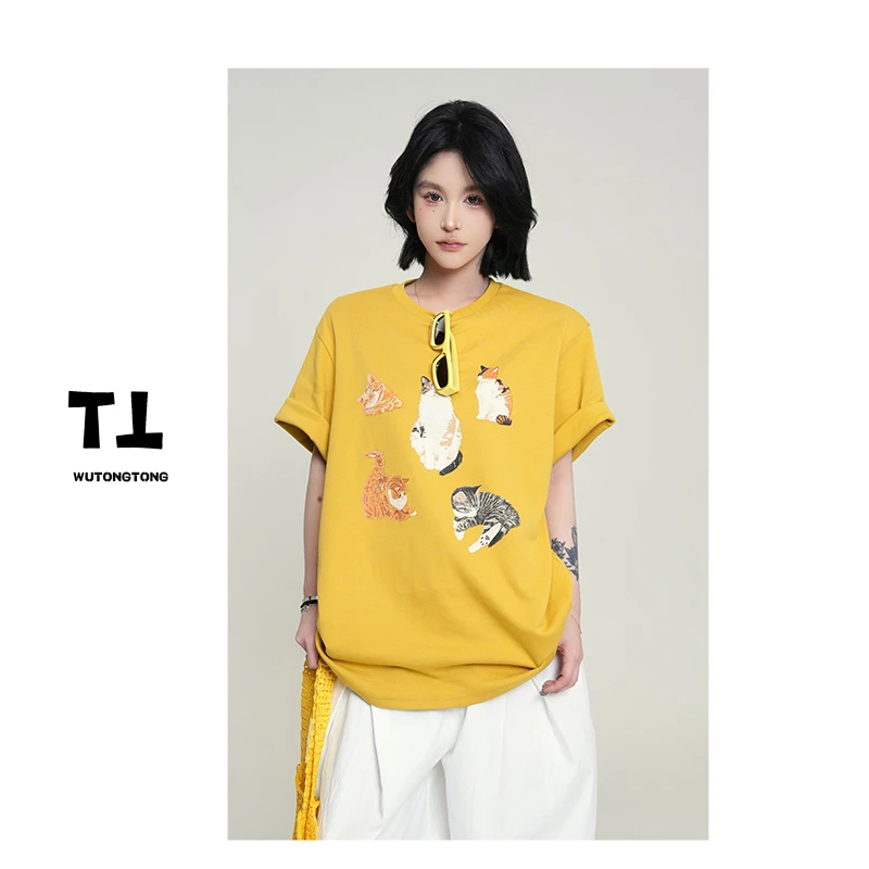 吴童童现货【慵懒小猫】夏季卡通短袖T恤衫女百搭休闲半袖体恤61959