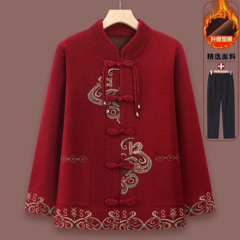 中老年人冬装外套女唐装奶奶装加绒针织毛衣妈妈加绒加厚婚宴太太