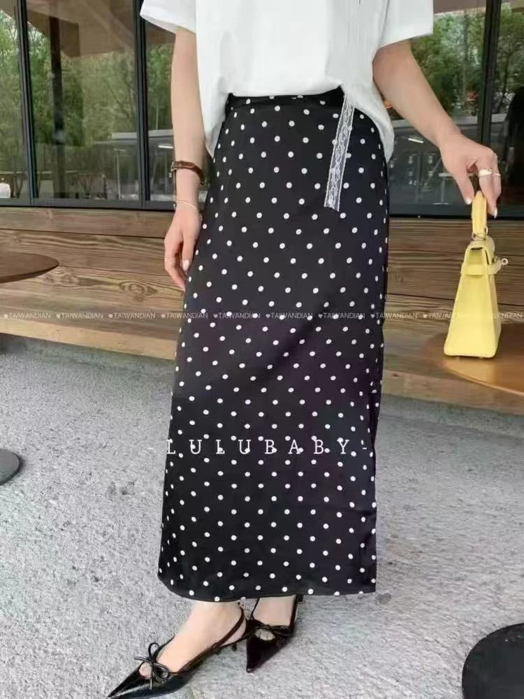 欧洲站乌衣轩夏季新款垂感高腰侧开叉波点半身裙女