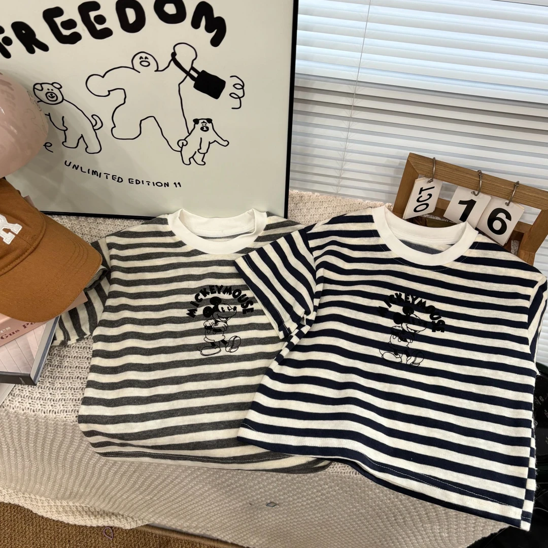 2025韩系男小童夏季新款条纹圆领卡通可爱米老鼠上衣儿童休闲短袖
