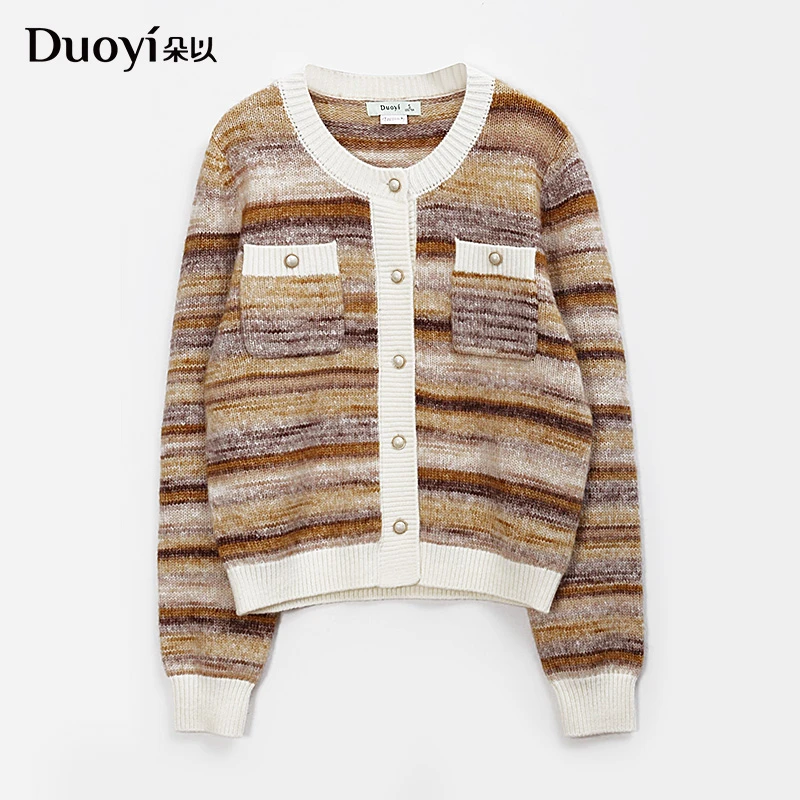 朵以2025秋季新款气质圆领条纹短款毛织外套39DD530139