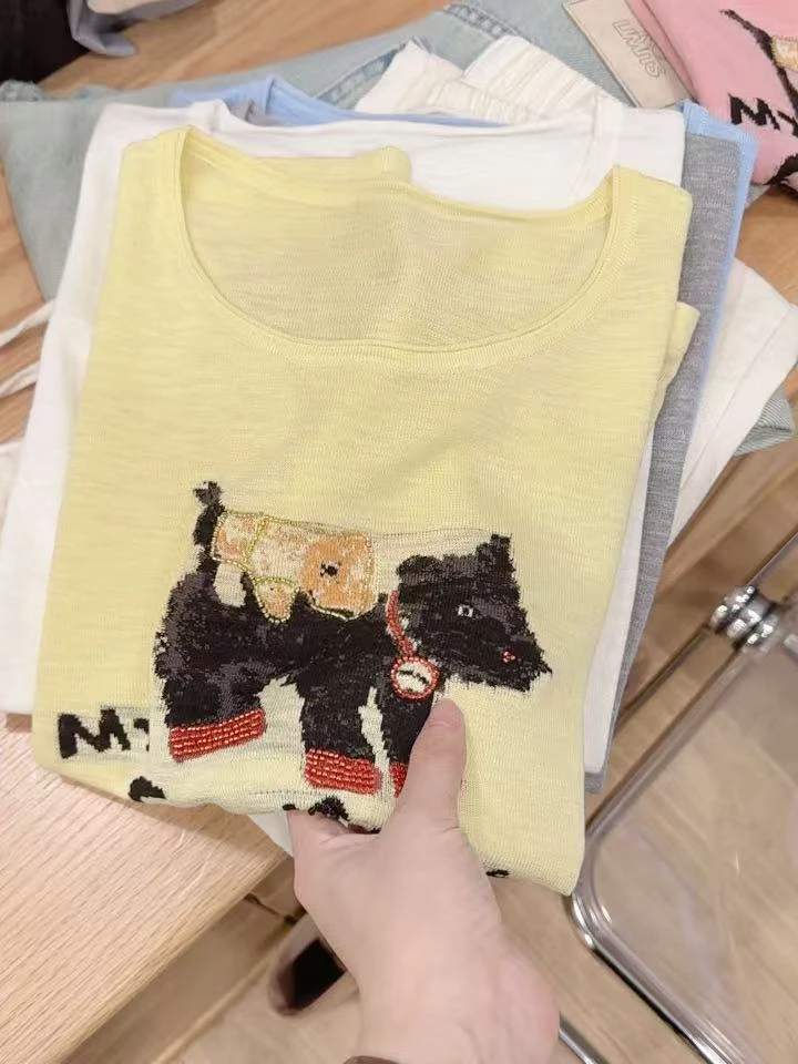 七言家 夏日ins穿搭芽黄钉珠狗竹节麻飞袖