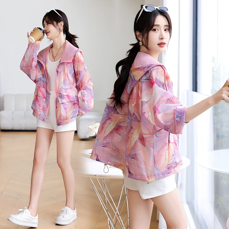 2025夏季短外套防晒衣植物花卉防晒服薄款百搭透气连帽运动皮肤衣