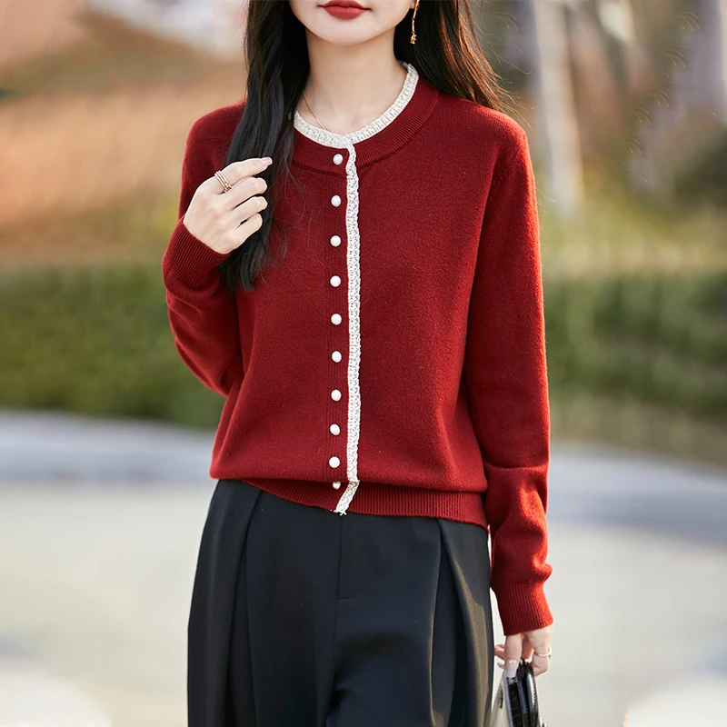 2025春装新款拼接蕾丝外套女宽松洋气时髦长袖针织衫开衫外搭上衣