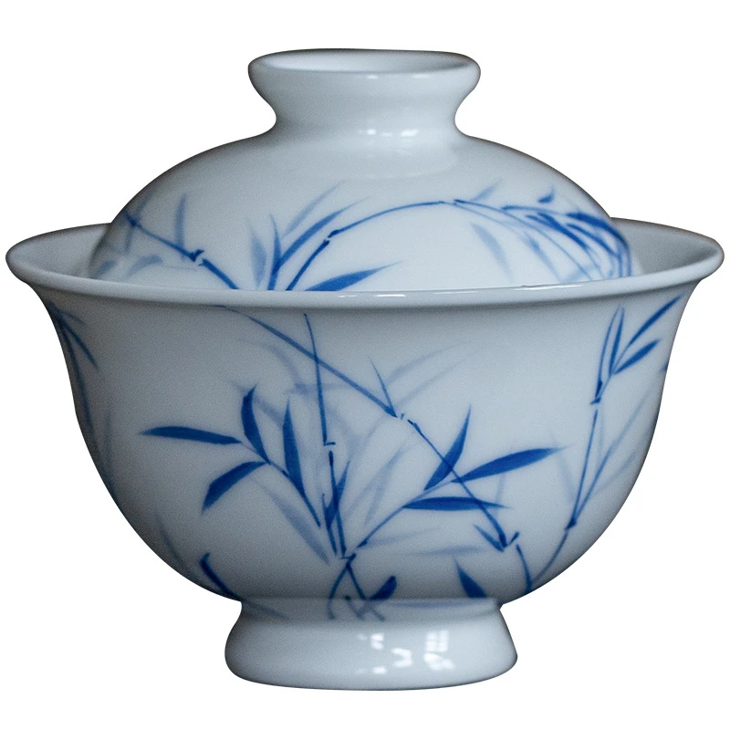 品茗杯竹泡茶碗手工公道杯手绘玉泥瓷盖碗桌面花插三才蓝薄胎花瓶