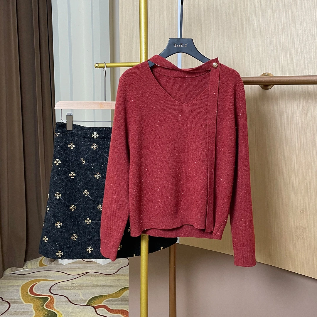 奢姿大码女装2025冬季胖妹妹时尚V领针织衫气质碎花半身裙两件套