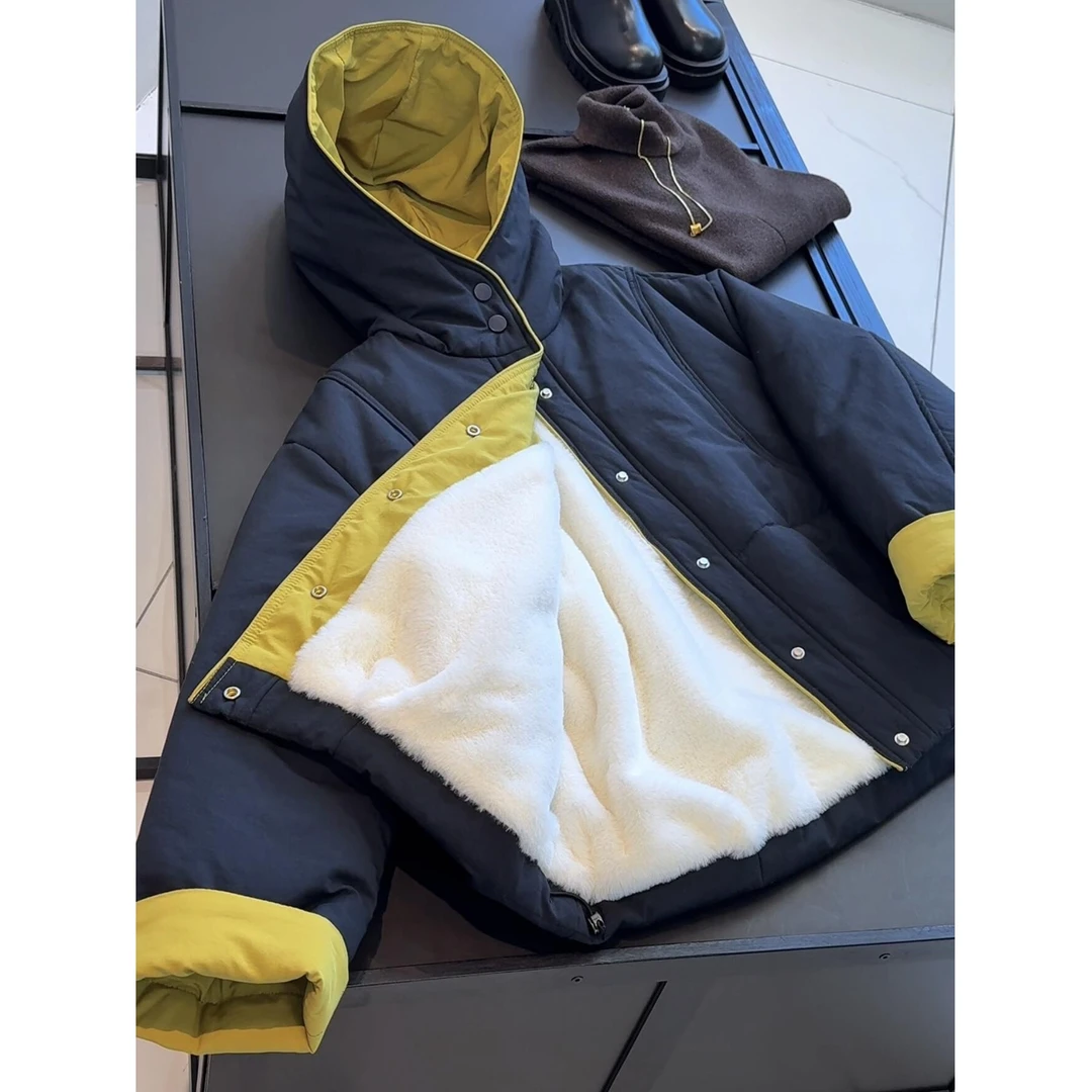 撞色韩版宽松加厚加绒显瘦保暖拼接连帽棉服