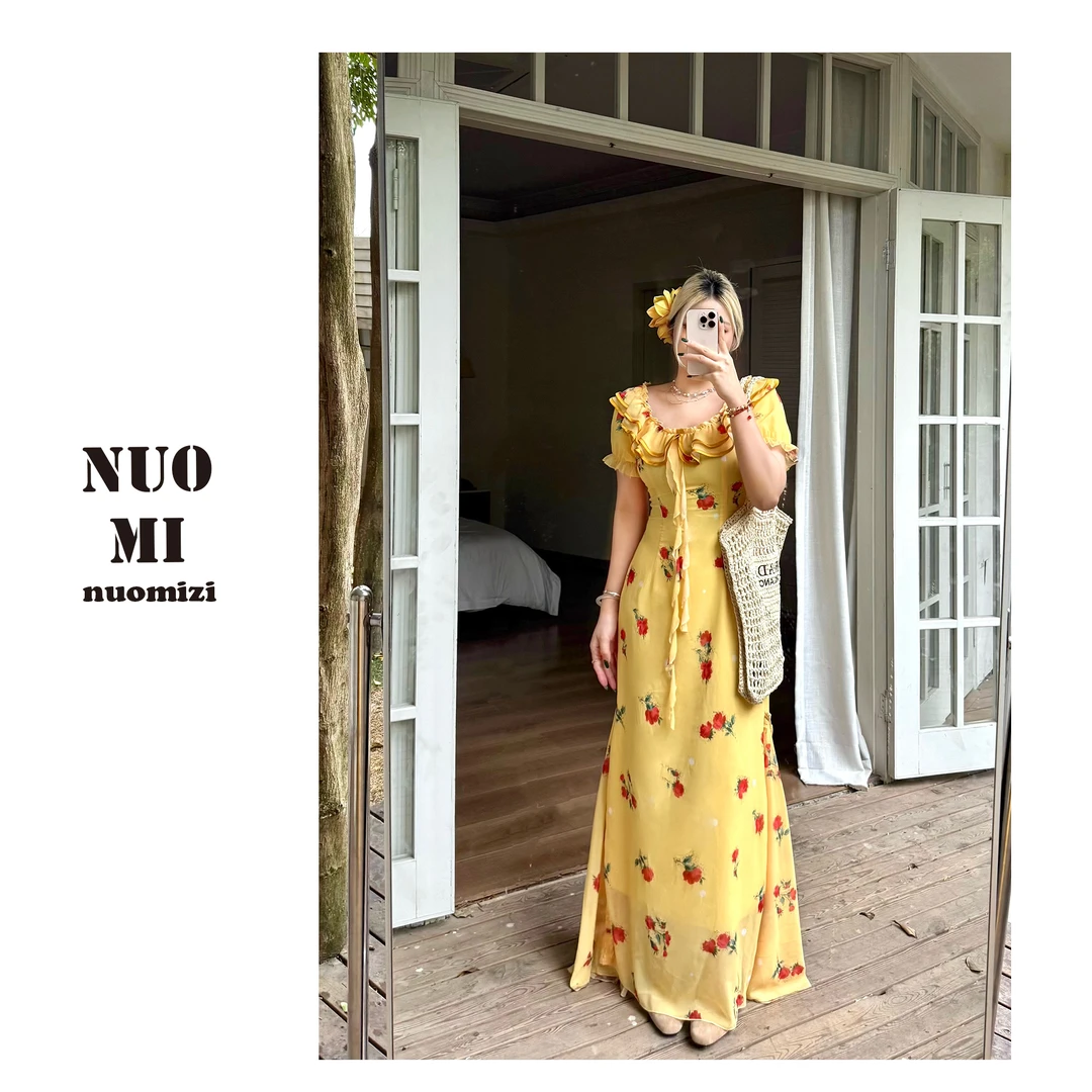 ZOZ糯米子[橙味少女]碎花吊带连衣裙法式茶歇夏季女显瘦收腰长裙