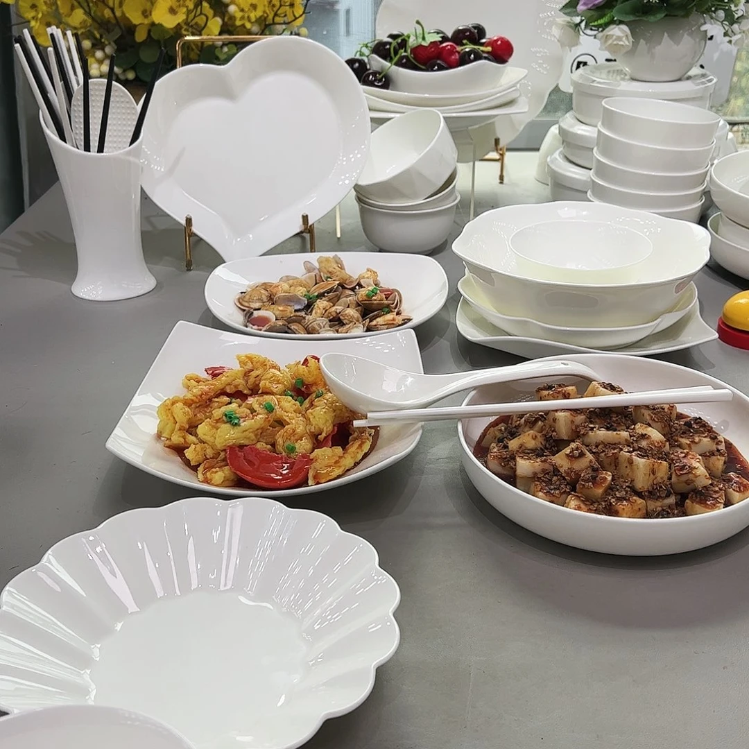 瓷片折纸桃花吉祥汤碗高脚4.5寸10筷子10小勺10大勺1