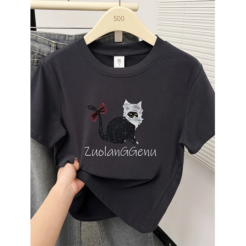 大码胖MM正肩短袖T恤女士夏季新款时尚小猫印花圆领洋气上衣服潮