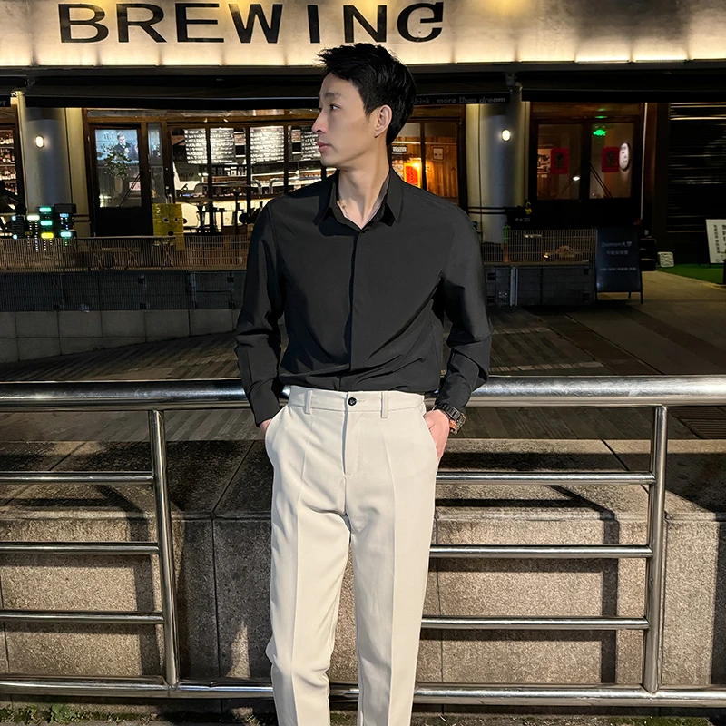 修身男士长袖冰丝衬衫百搭新款长袖衬衣休闲痞帅痞帅慵懒风男装