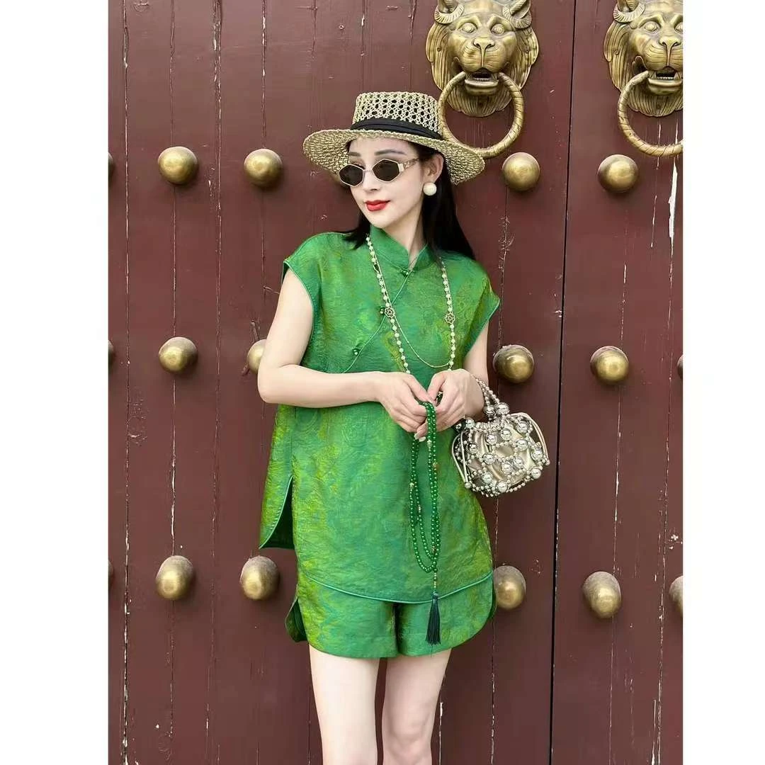 高定版夏季新中式金丝花螺相云纱上衣短裤女士两件套装ML25831TZ