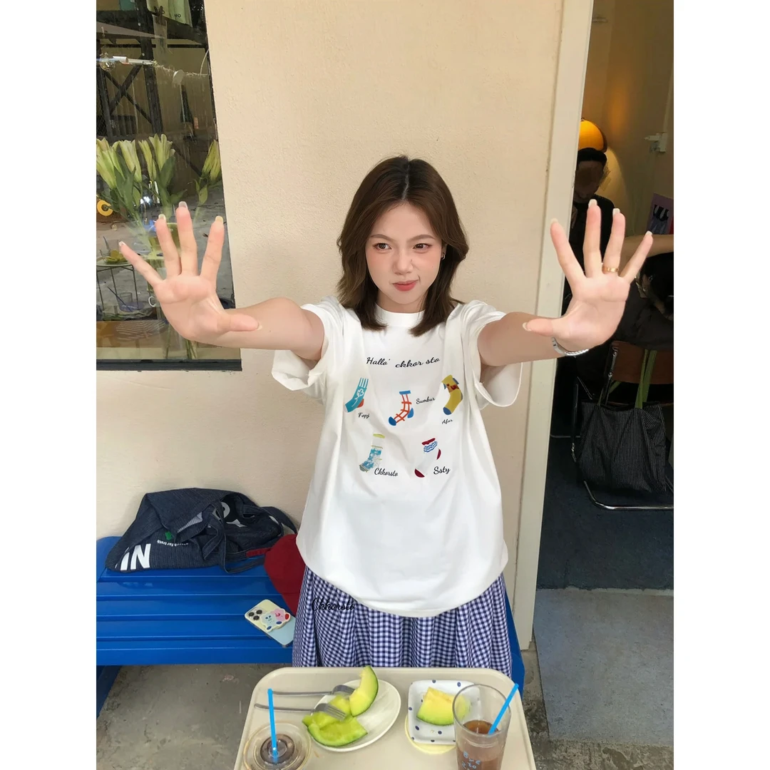 夏季新款纯棉短袖t恤女韩系休闲时尚穿搭宽松慵懒风显瘦圆领上衣