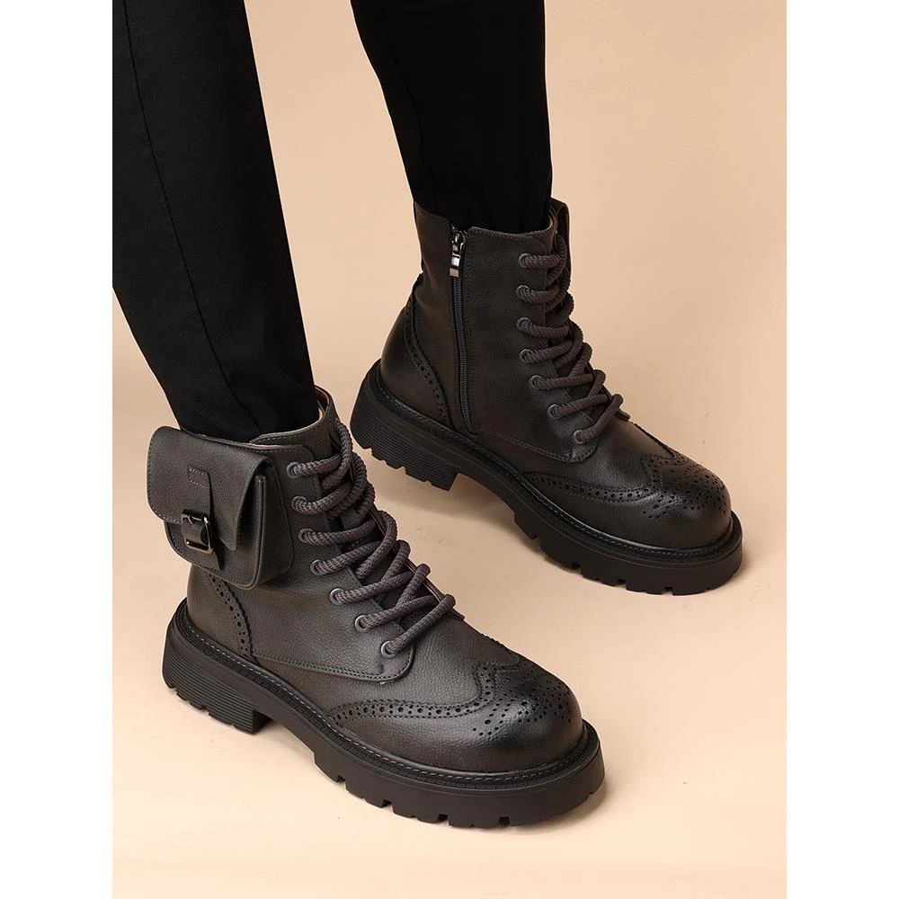 秋季新款马丁靴男英伦风厚底内增高短靴高帮工装靴个性中帮时装靴