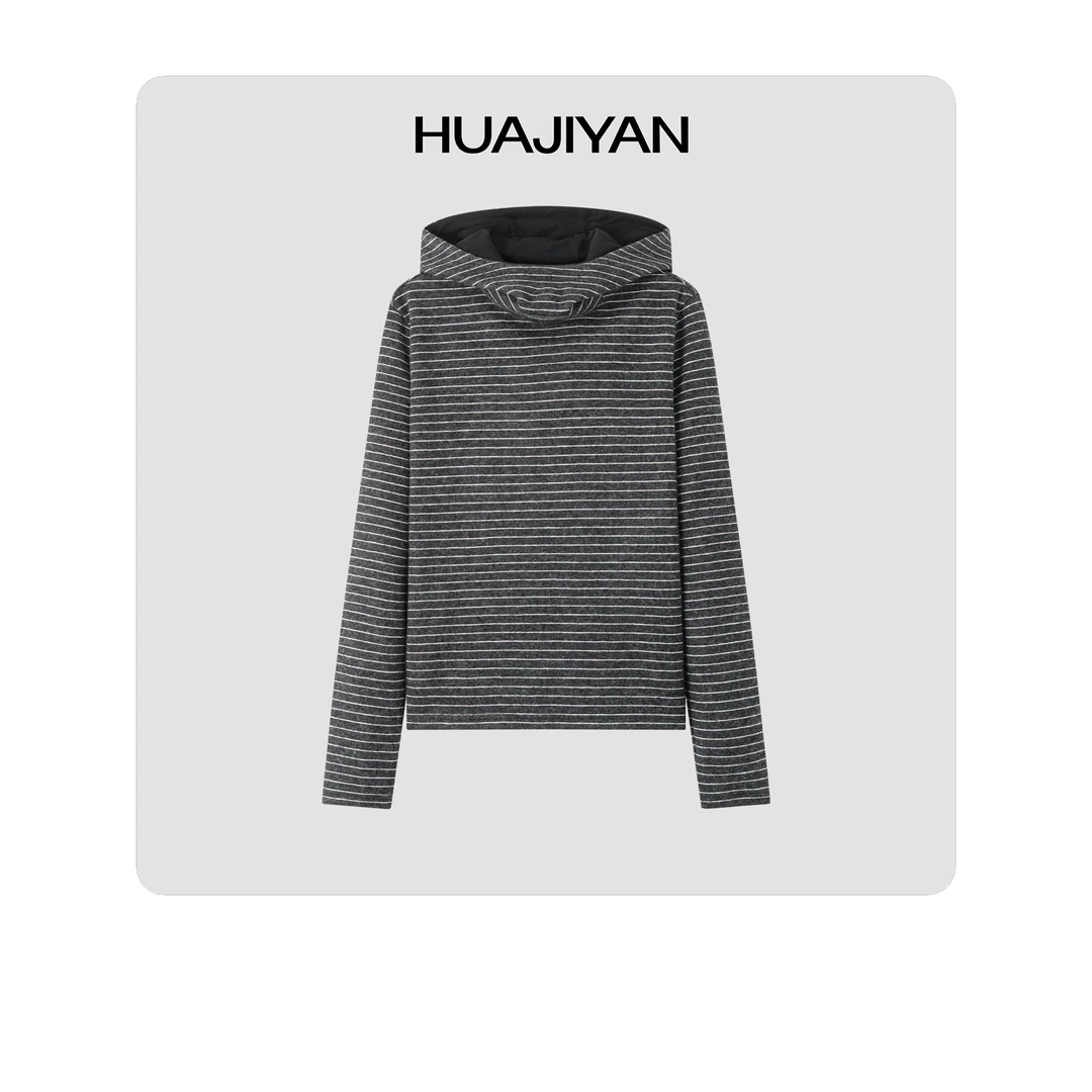 华吉言/HUAJIYAN【重楼】羊毛混纺撞色条纹立领连帽长袖上衣