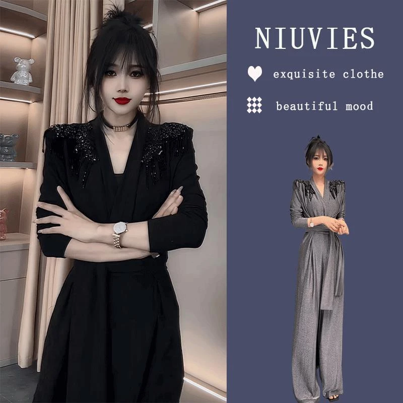 欧货高级感重工钉珠V领连体裤女2025春季气质系带收腰减龄连衣裤