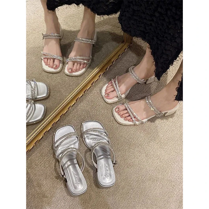 2024年爆款水钻细带两穿蝴蝶结仙女风配裙子凉鞋女夏粗中跟高跟鞋