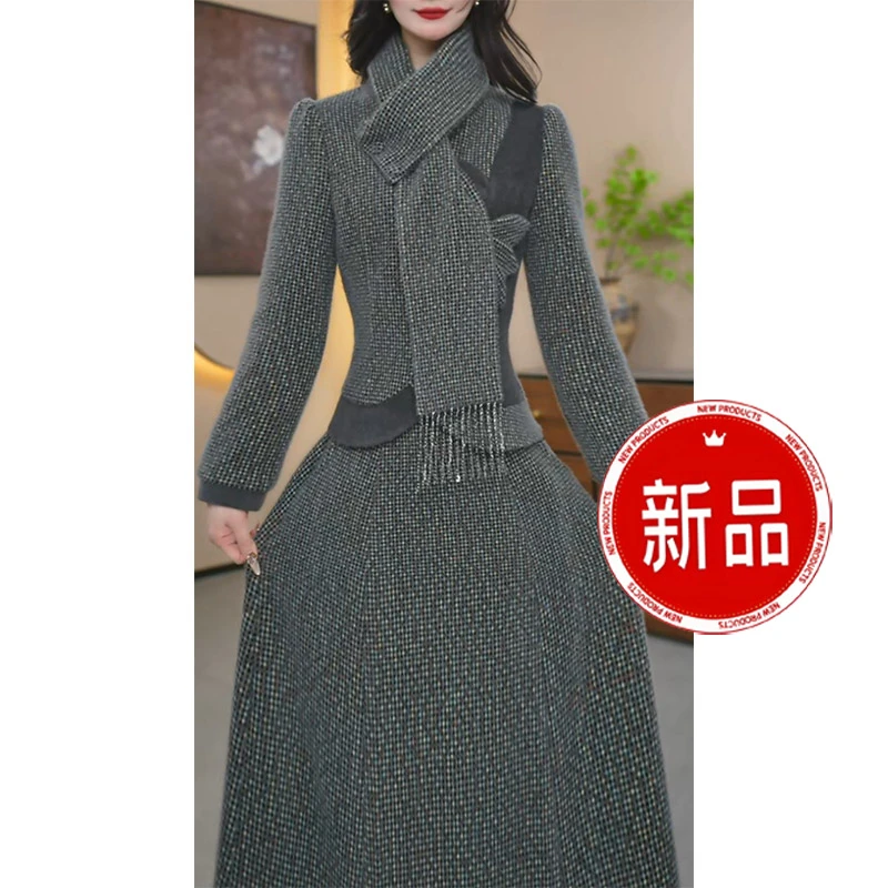 【上衣+半身裙】长袖气质显瘦洋气时尚复古撞色套装裙