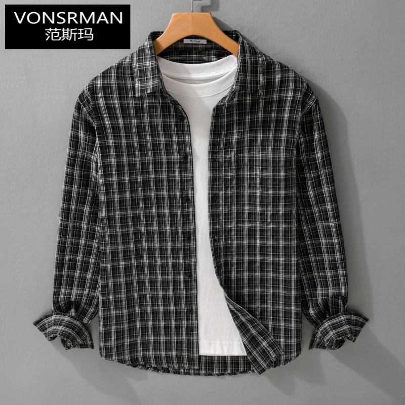 日系复古格纹长袖衬衫男装秋季新款文艺休闲时尚潮百搭时尚衬衣