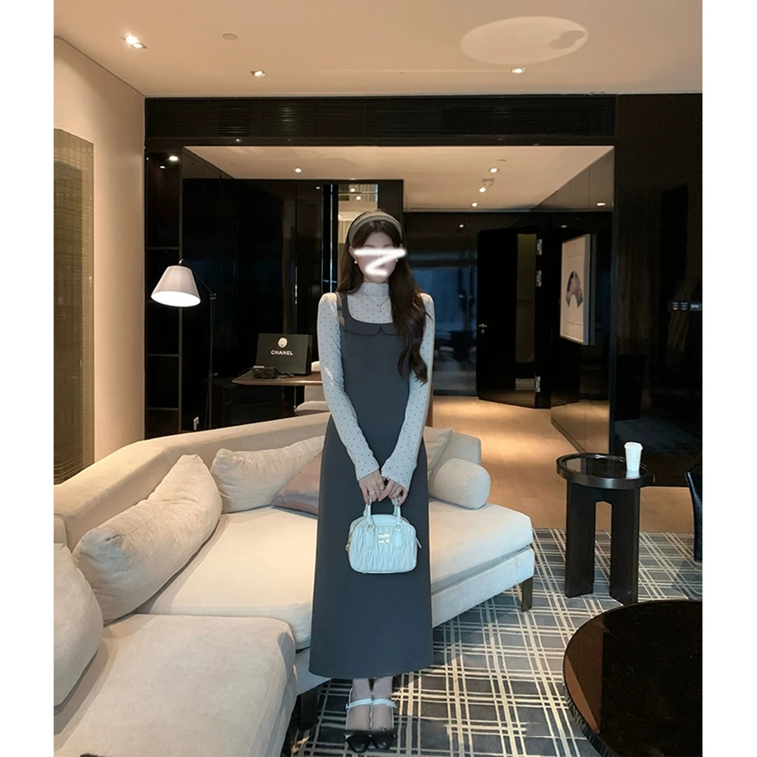 半高领针织衫女波点长袖打底衫韩系方领连衣裙女收腰背心裙两件套