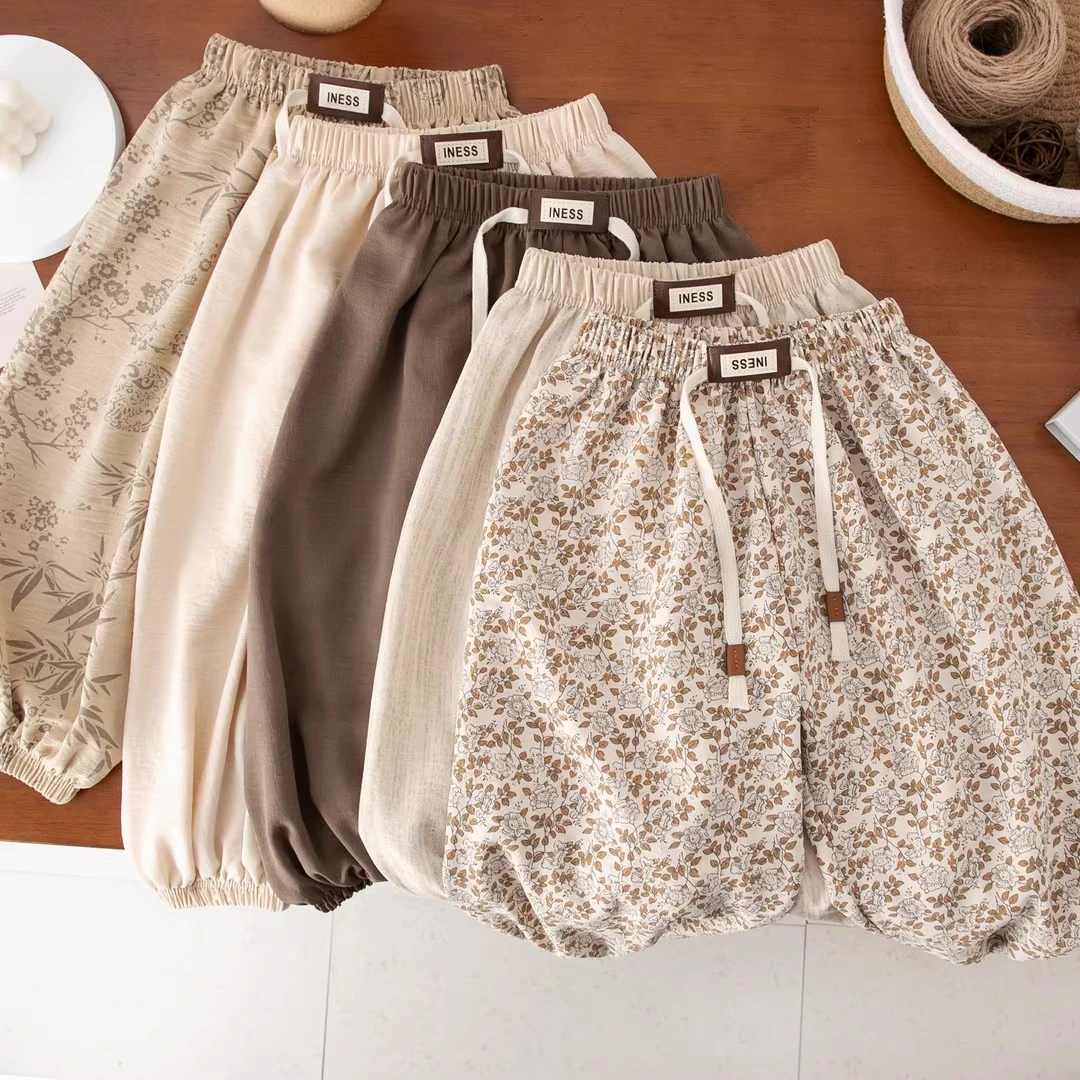 夏季冰丝麻灯笼裤儿童宽松凉爽碎花防蚊裤透气薄款男女宝宝