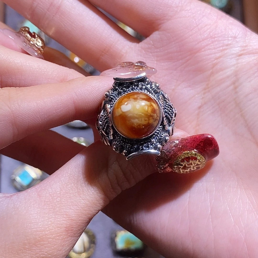 琥珀戒指银S925镶嵌?****?戒指